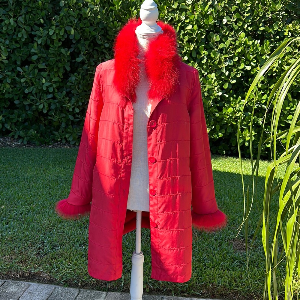 LINDA RICHARDS LUXURY RED SILK AND DYED FOX REVERSIBLE LIGHTWEIGHT COAT … - Picture 15 of 16